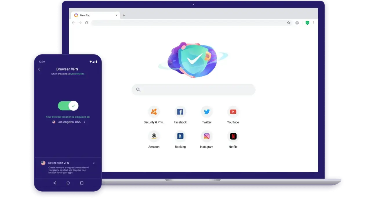 Avast Secure Browser chroni Twoją prywatność, ukrywając lokalizację w Los Angeles, USA. Bezpieczne przeglądanie w trybie Secure Mode.