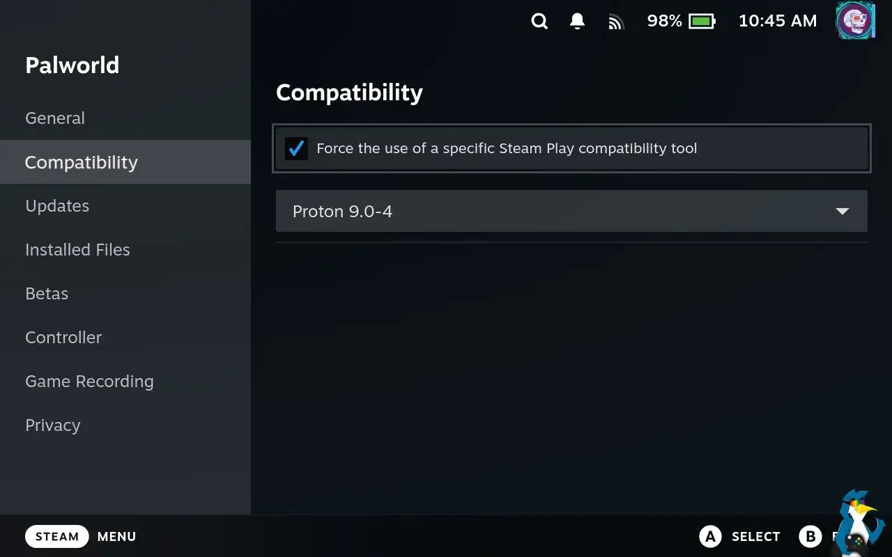 Ustawienia kompatybilności gry Palworld na Steam Decku. Wybrano narzędzie Proton 9.0-4, co ułatwia granie w gry na linux do gier.