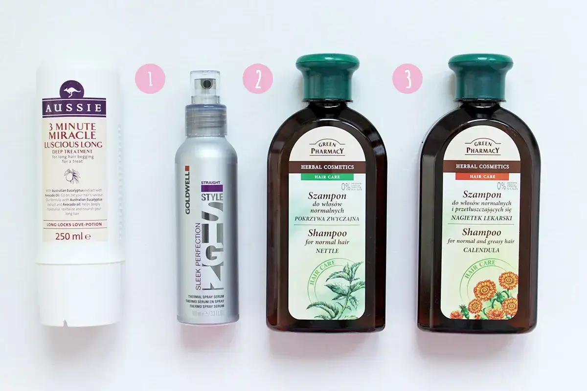 Domowa odżywka do włos&oacute;w Aussie Miracle, spray Goldwell i szampony Green Pharmacy z pokrzywą i nagietkiem.
