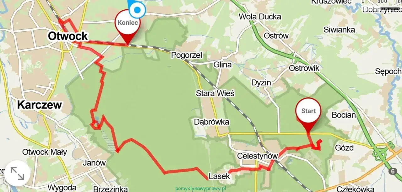 Mapa z zaznaczonymi szlakami w Mazowieckim Parku Krajobrazowym. Trasa prowadzi przez Otwock, Karczew i Celestynów.