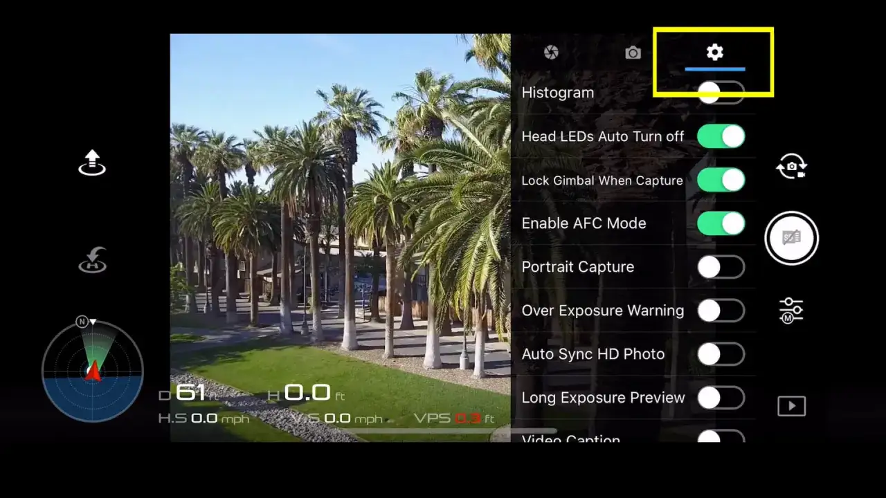 Impostazioni per riprese con droni: attivazione LED, blocco gimbal, modalit&agrave; AFC e anteprima esposizione.