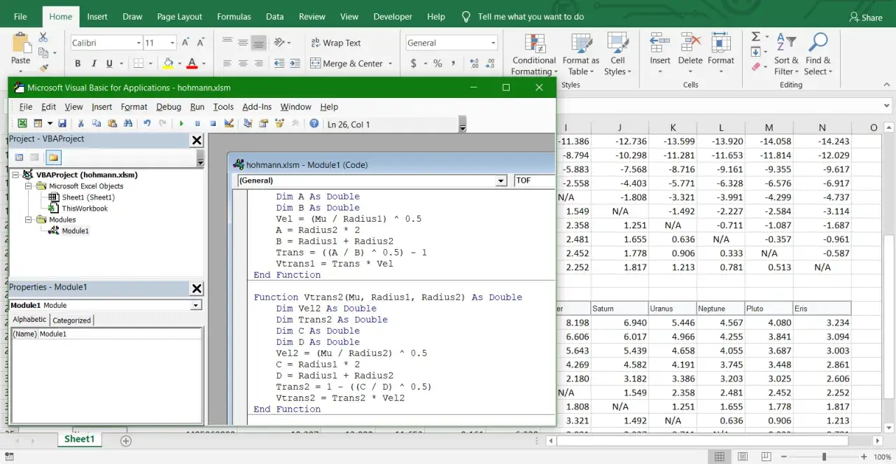 Kod VBA w oknie Microsoft Visual Basic for Applications, obliczający parametry dla trajektorii Hohmanna.