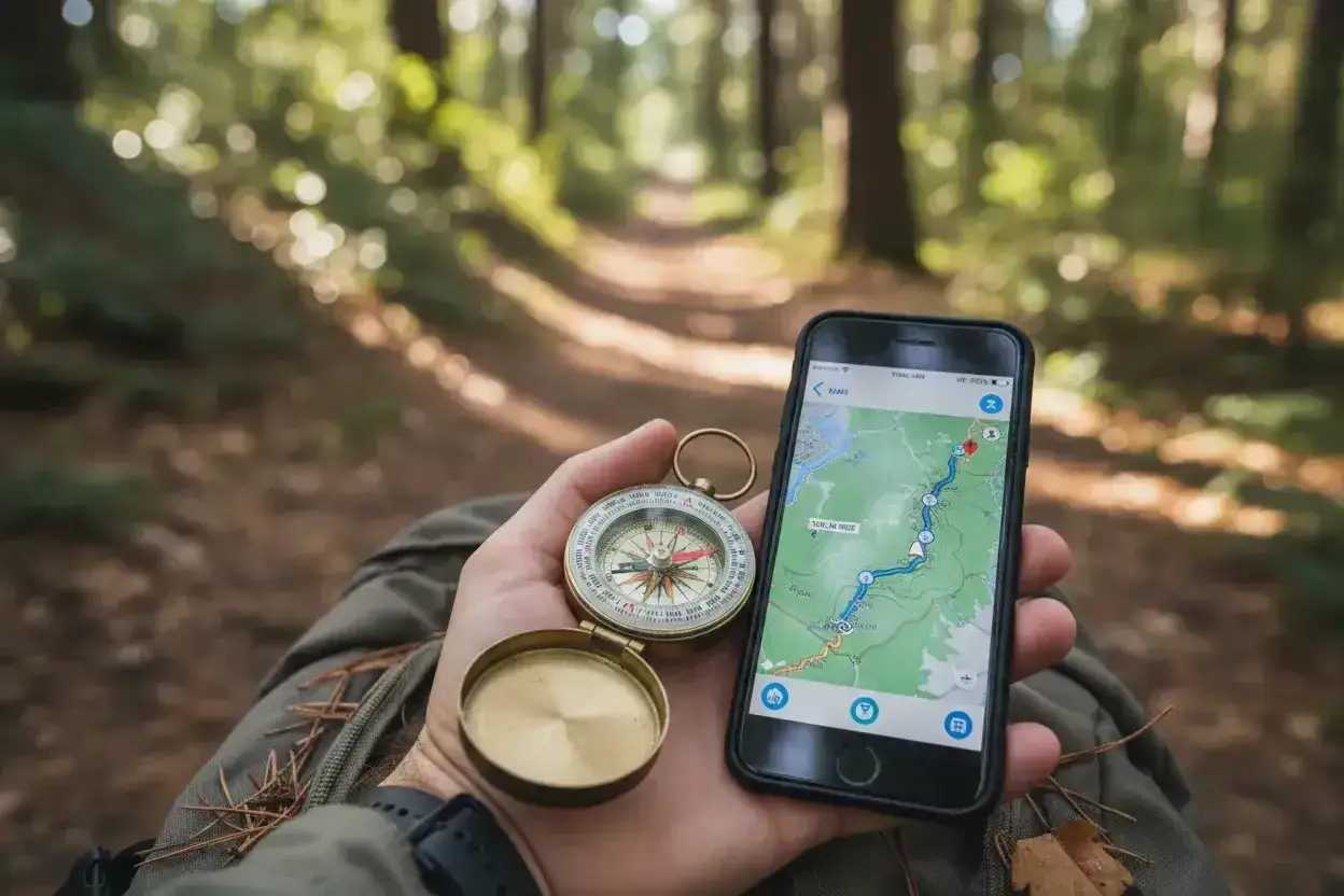 Dłoń trzyma tradycyjny kompas i smartfon z mapą i trasą. Nawigacja w telefonie i kompas w lesie pomagają odnaleźć drogę.