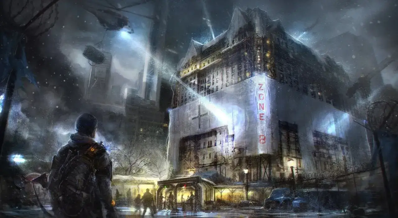 Un agente de The Division 3 observa un edificio cubierto de lona con