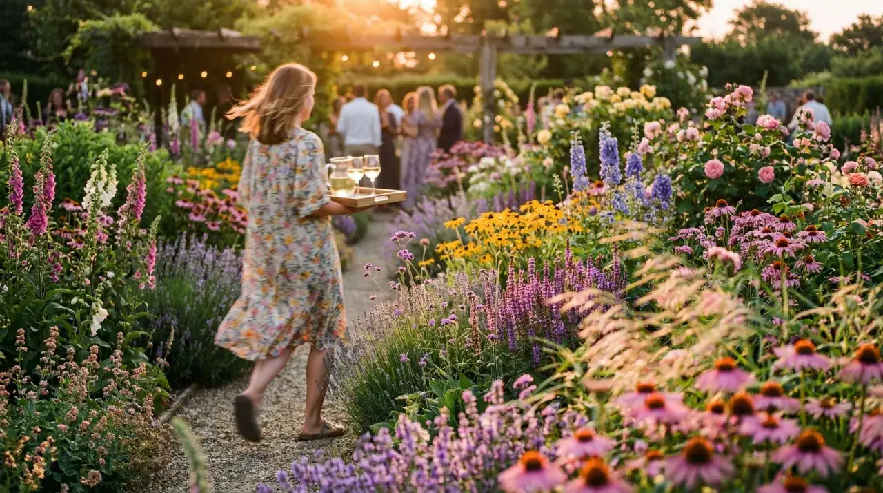 En kvinna bär en bricka med glas genom en trädgård fylld av perenner som blommar hela sommaren. Solen lyser varmt över den färgsprakande rabatten.