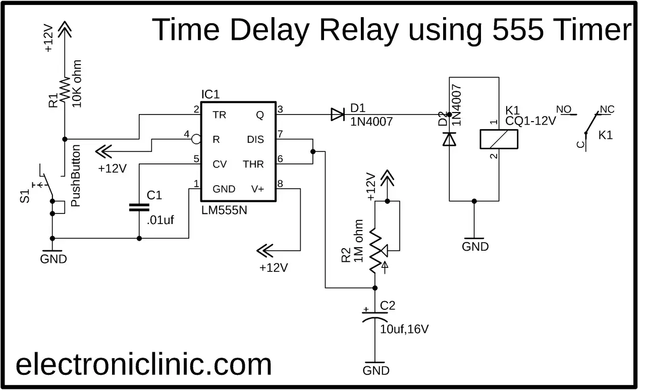 Schemat układu z przekaźnikami czasowymi, wykorzystujący timer LM555N do sterowania przekaźnikiem K1.