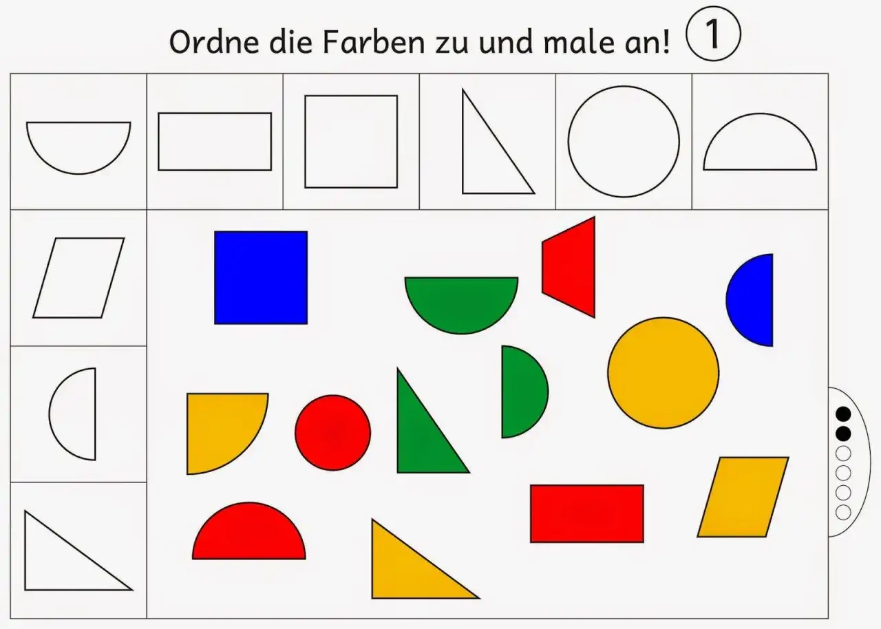 Aufgabe f&uuml;r den Kindergarten: Formen und Farben zuordnen. Bunte geometrische Figuren warten darauf, richtig platziert und angemalt zu werden.