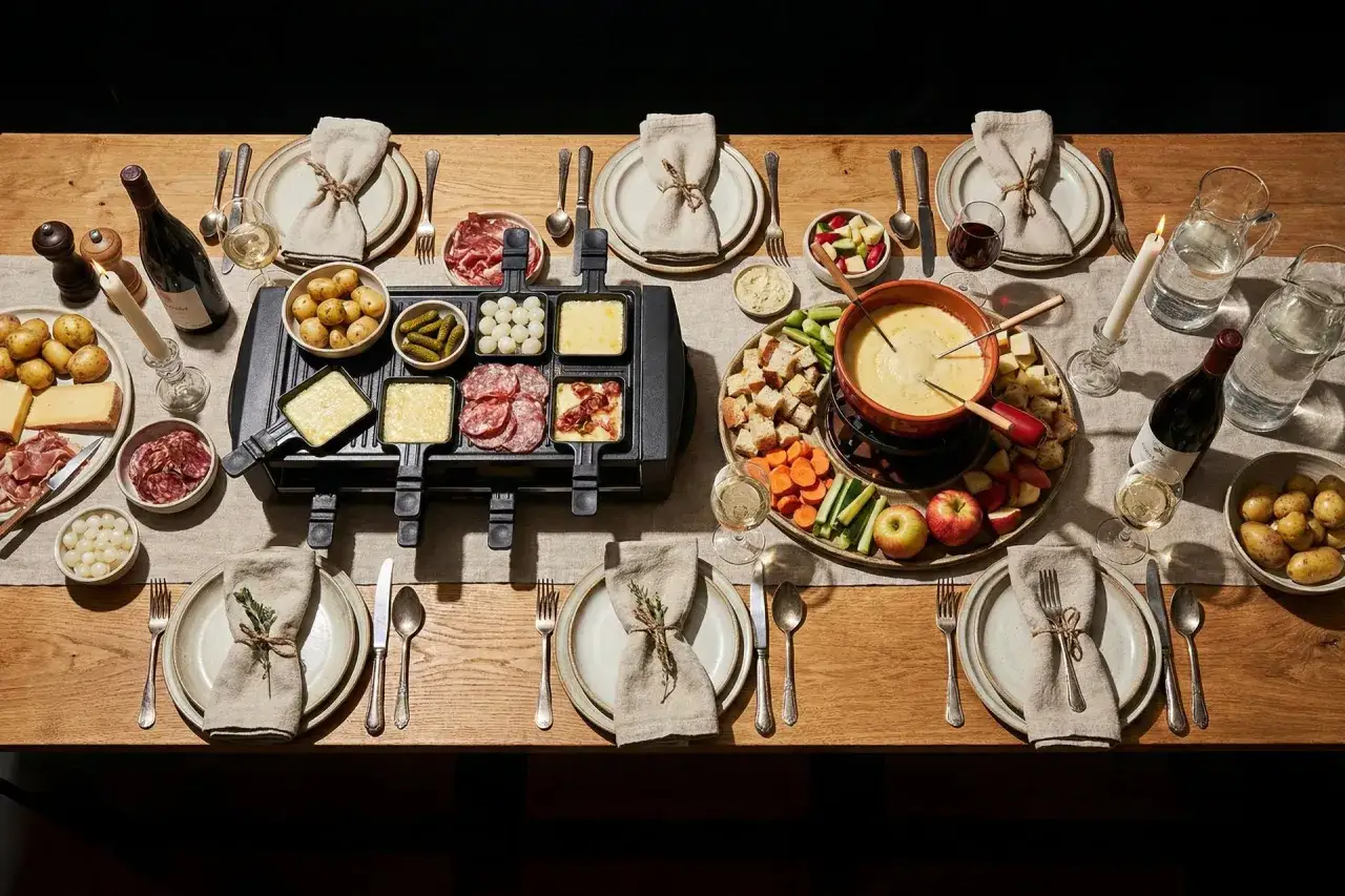 Raclette-Abend mit K&auml;se, Wurst, Kartoffeln und Brot. Dazu passt ein Glas Wein oder Wasser. Was trinkt man zu Raclette?