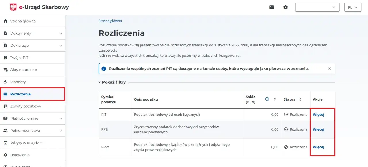 Widok rozliczeń podatkowych, w tym PIT. Można tu zobaczyć salda i statusy rozliczeń, a także przejść do szczegółów akcji.