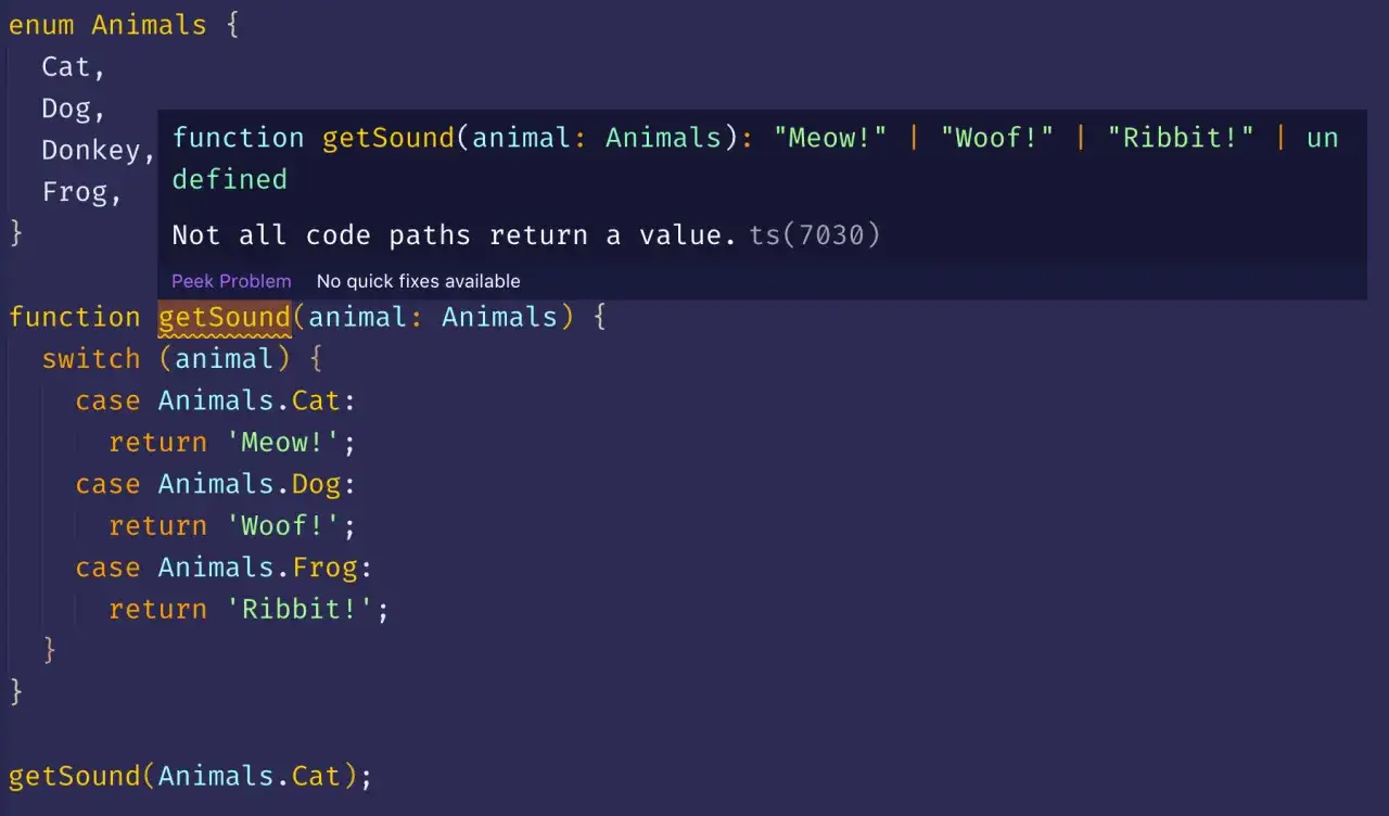 Kod TypeScript z instrukcją `switch case` dla enum `Animals`. Funkcja `getSound` zwraca dźwięk zwierzęcia.