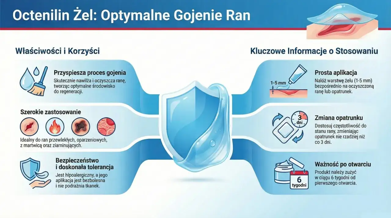 Żel Octenilin przyspiesza gojenie ran, nawilża i oczyszcza. Bezpieczny, hipoalergiczny, idealny do ran przewlekłych, oparzeń. Oktenidyna wspiera regenerację.