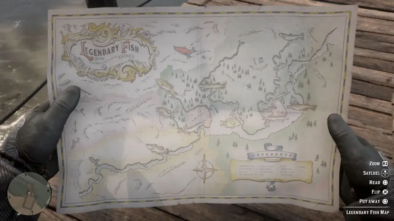 Mapa z zaznaczonymi miejscami występowania legendarnych ryb RDR2.