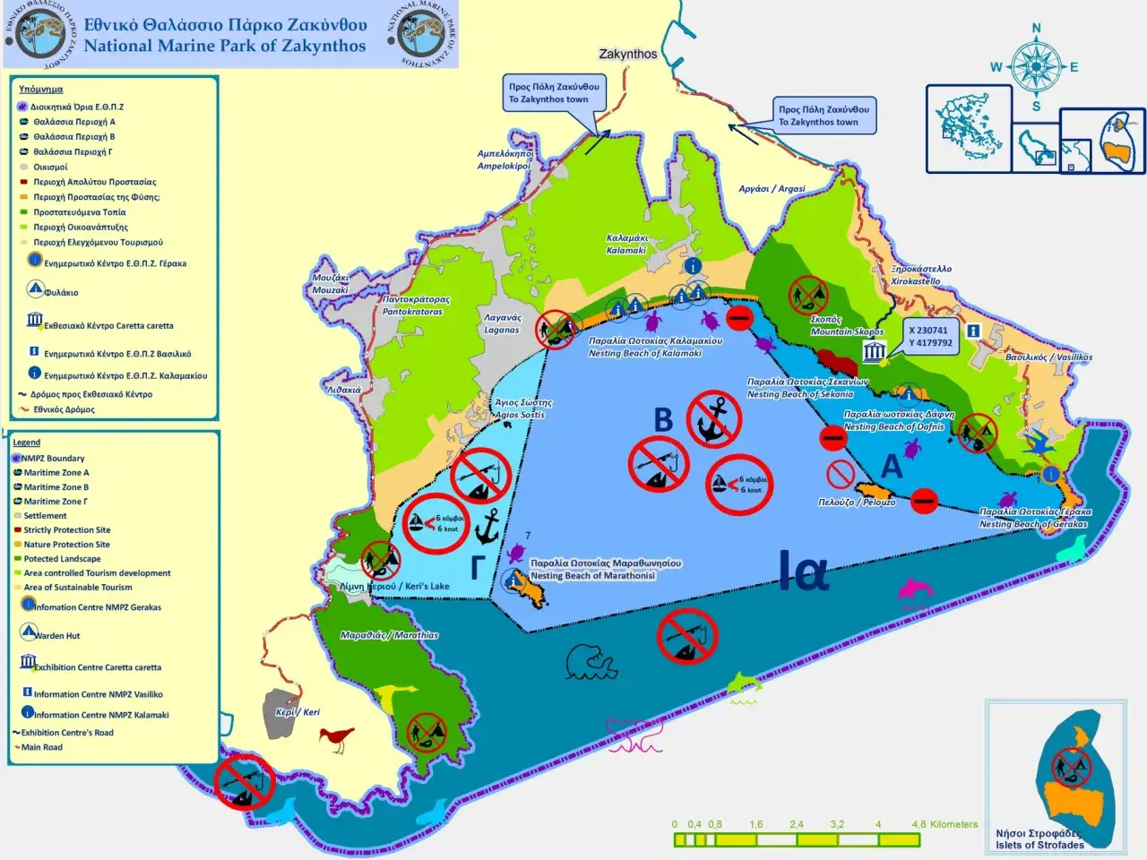 Mapa Narodowego Parku Morskiego Zakynthos, pokazująca zatokę Laganas z wyznaczonymi strefami, plażami lęgowymi żółwi i punktami informacyjnymi.