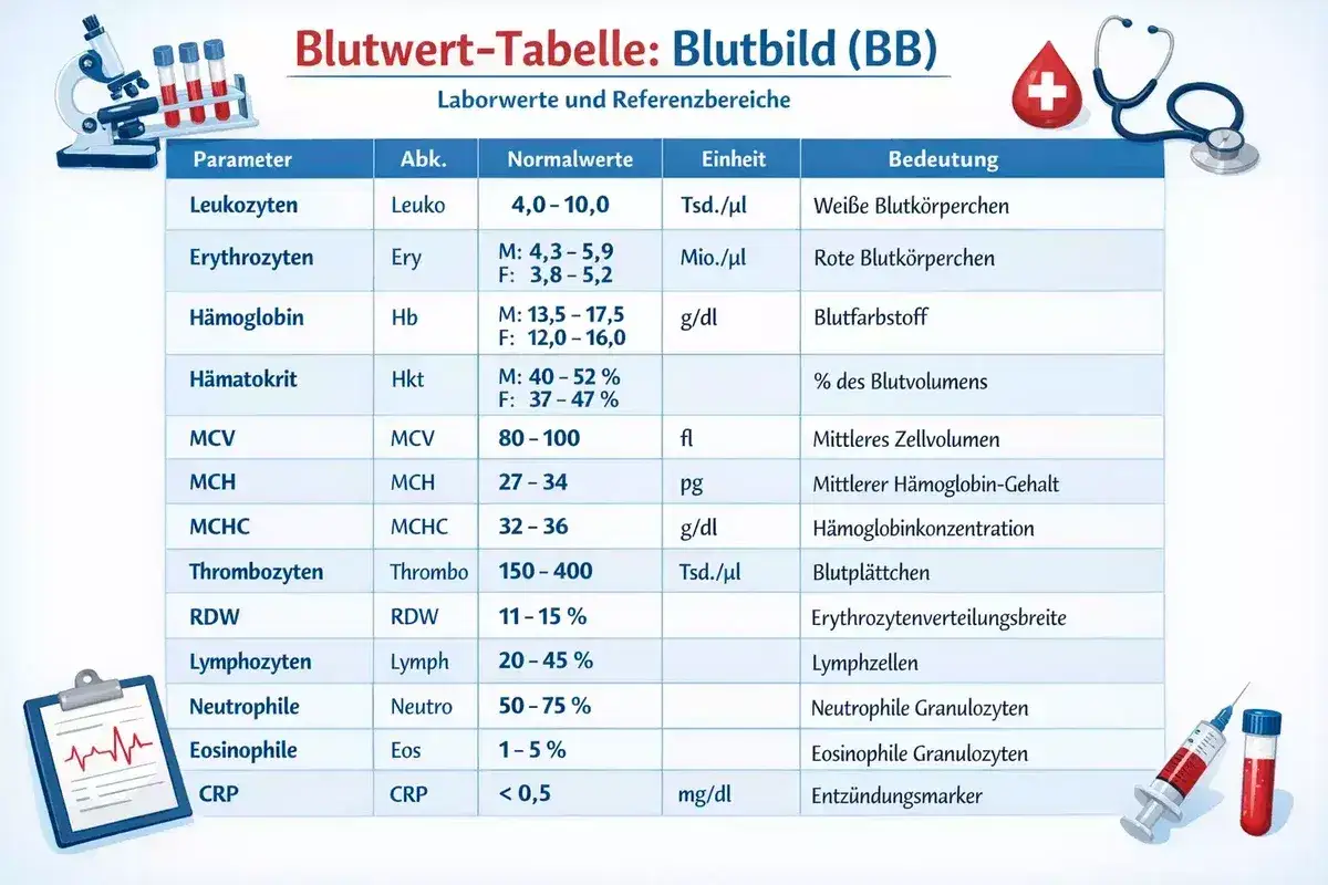 Blutbild-Tabelle zeigt Werte f&uuml;r Leukozyten, Erythrozyten und andere Parameter. Der Erythrozyten wert gibt die Anzahl roter Blutk&ouml;rperchen an.