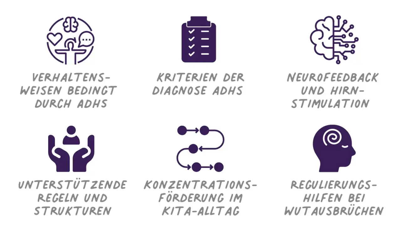 Illustrationen zu ADHS: Gehirn, Diagnosekriterien, Neurofeedback, Unterst&uuml;tzung, Konzentration & Wutregulation. Ein ADHS Gehirn Vergleich wird hier visuell dargestellt.