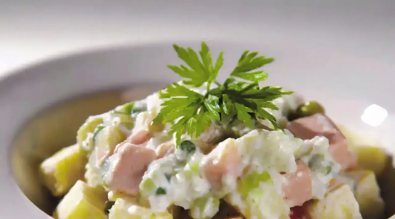 Une d&eacute;licieuse salade pi&eacute;montaise cr&eacute;meuse, garnie de persil frais.