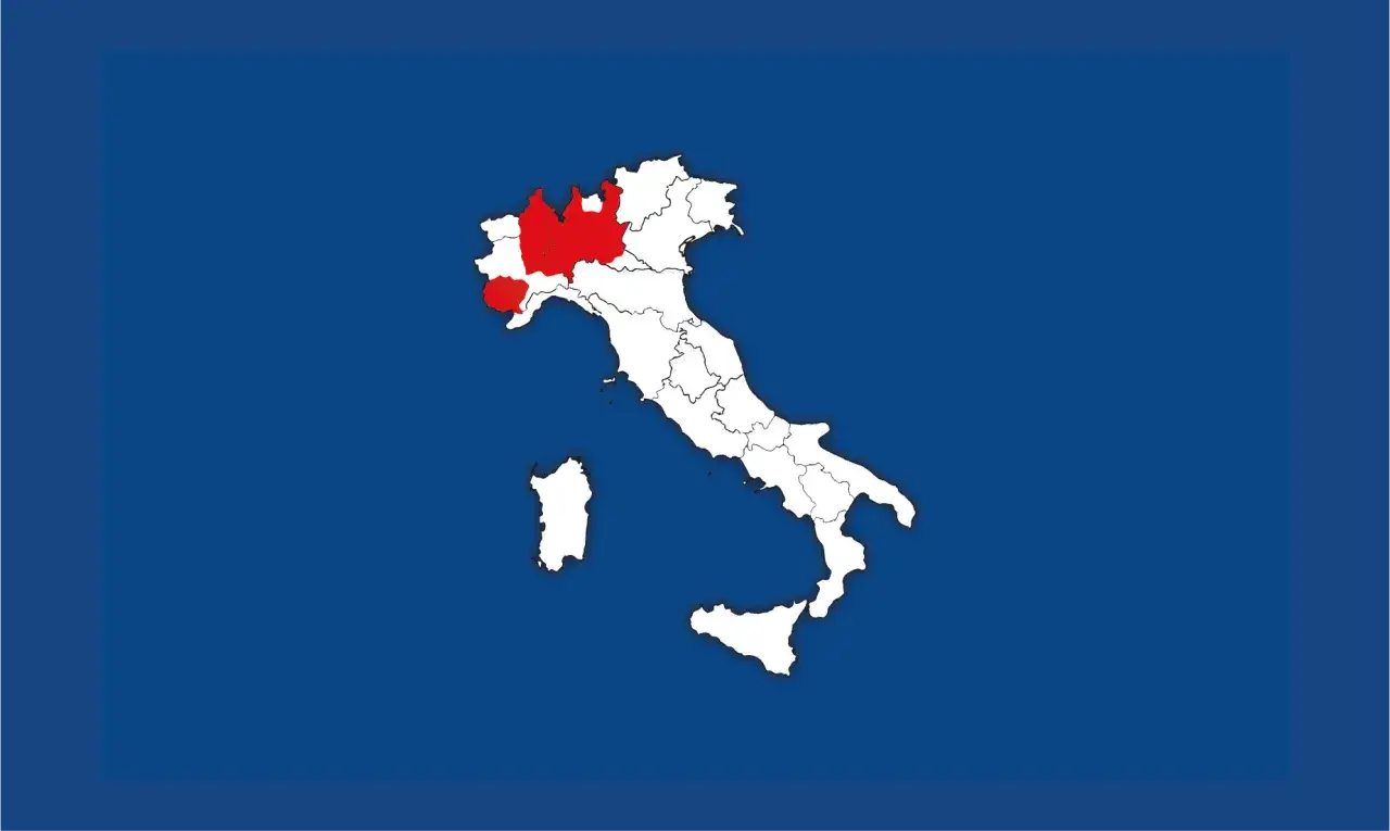 Mappa dell'Italia con Lombardia e Piemonte in evidenza, le regioni dove fanno il gorgonzola.