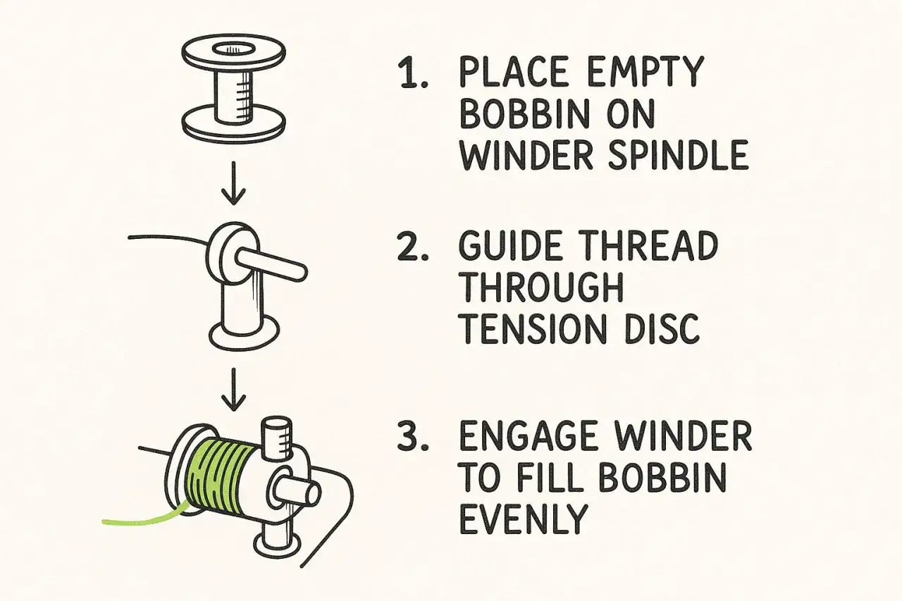 Diagram showing how to wind a bobbin, step-by-step. Avoids common sewing machine problems by ensuring even thread winding.