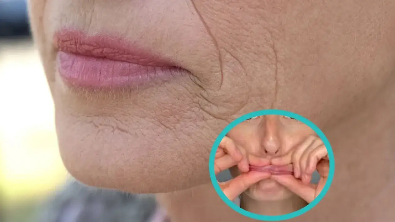 Widoczne zmarszczki przy ustach, podkreślone przez ćwiczenia mimiczne w okręgu. Skóra wokół ust jest wyraźnie pofałdowana.