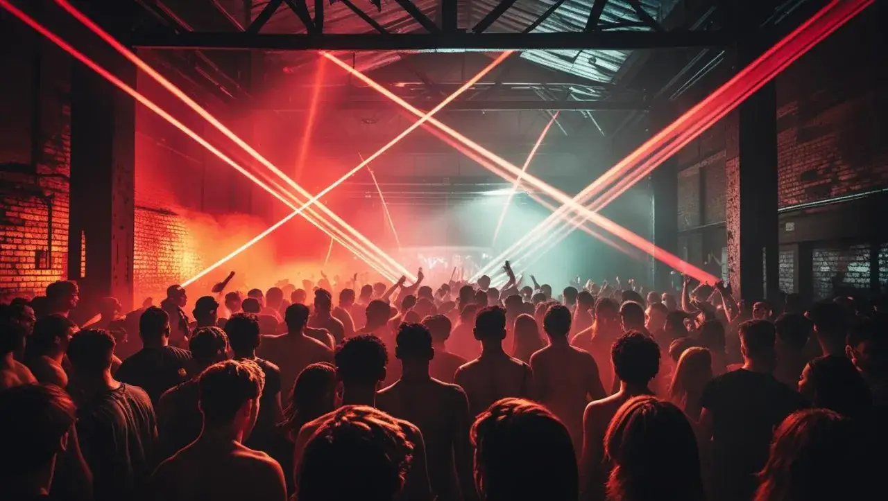 Tłum ludzi na energetycznym rave, oświetlony czerwonymi laserami.
