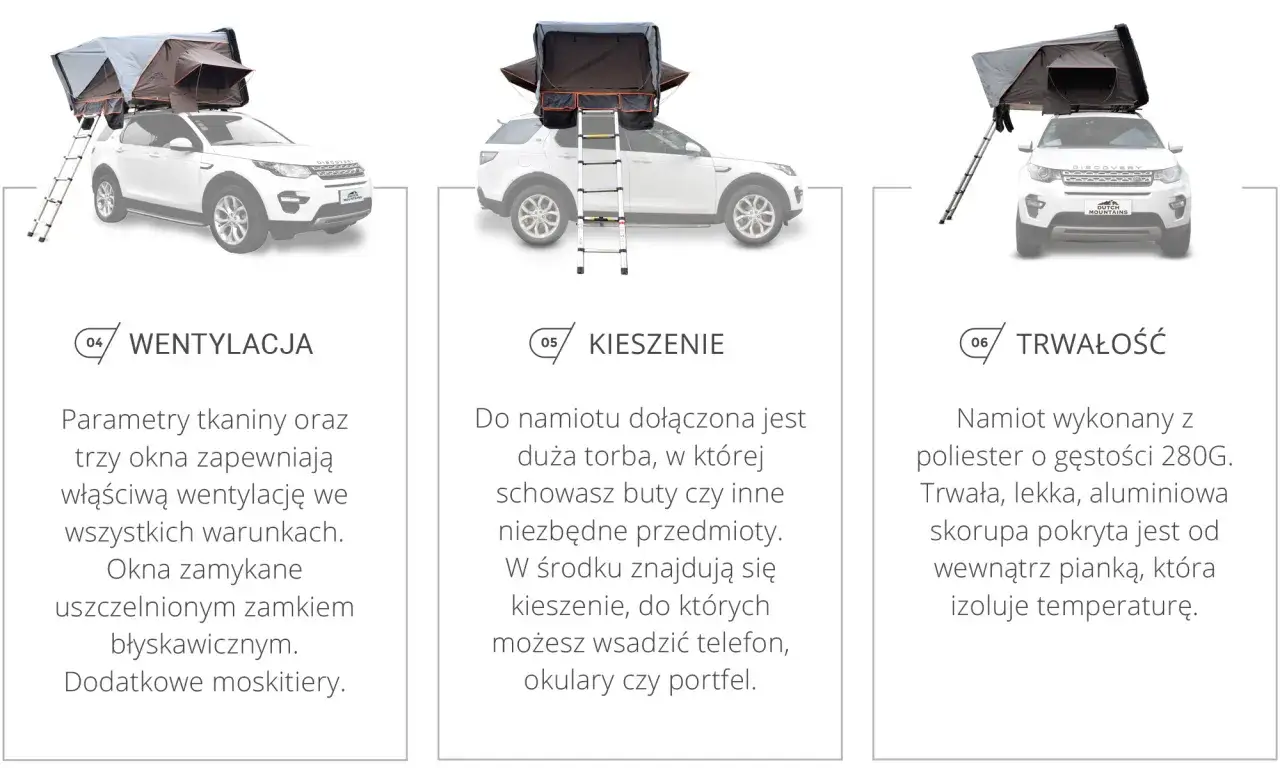 Namiot dachowy z wentylacją, idealny do spania w samochodzie. Trzy okna i moskitiery zapewniają komfort.