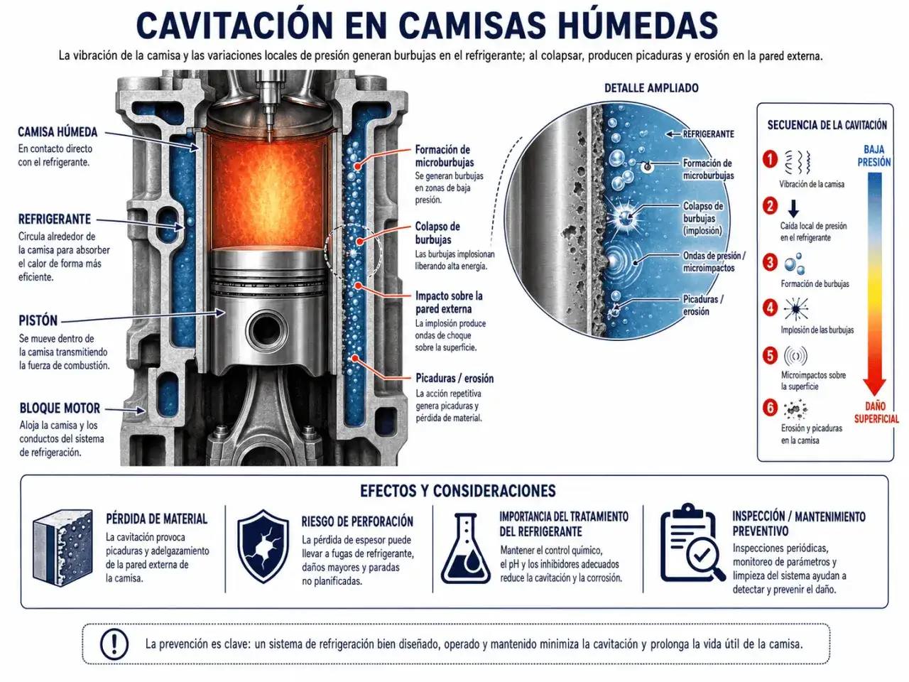 Ilustraci&oacute;n de la cavitaci&oacute;n en camisas h&uacute;medas de motor. Detalla la formaci&oacute;n y colapso de burbujas en el refrigerante, causando picaduras y erosi&oacute;n.