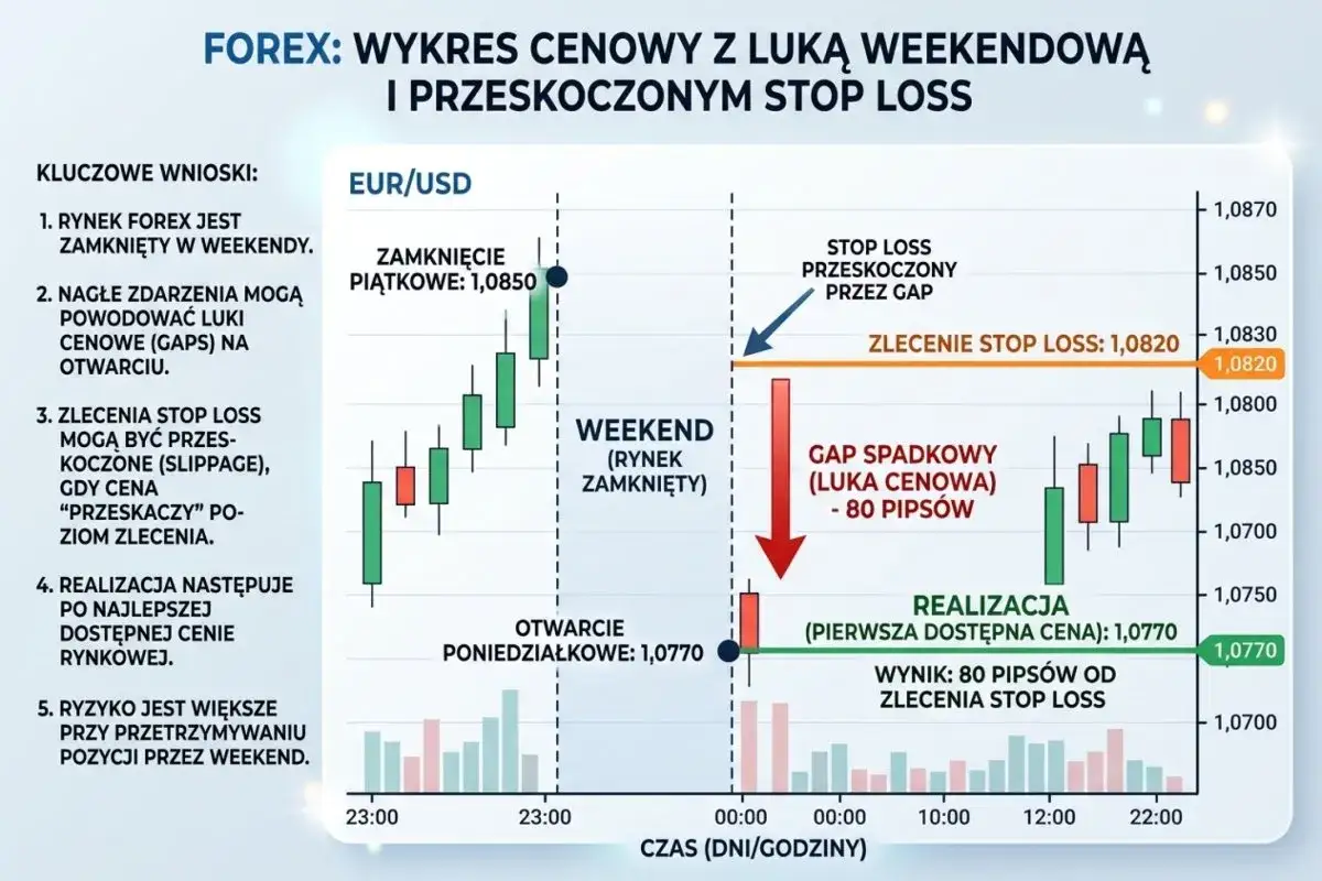 Wykres EUR/USD pokazuje lukę weekendową i przesunięty stop loss. Symulacja paper trading ilustruje ryzyko związane z pozycjami otwartymi przez weekend.