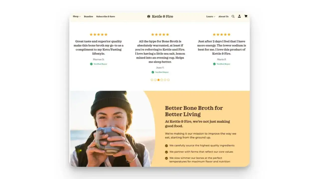 Recensioni positive per brodo di ossa Kettle & Fire, ottimo per uno stile di vita keto. Ottimo per il **Shopify SEO**.