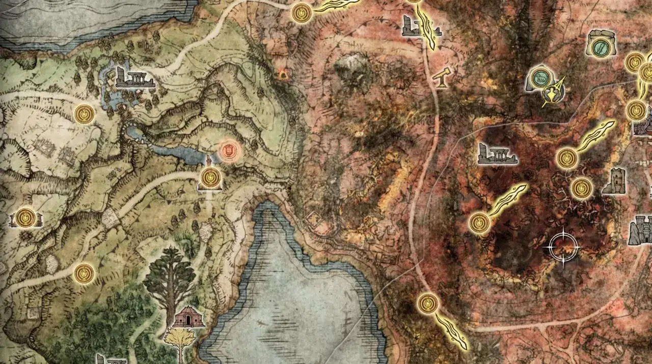 Mapa Elden Ring - poradnik. Widoczne ruiny, jezioro, drzewa i znaczniki.