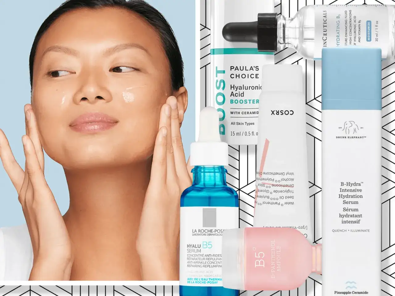 Frau trägt Serum auf, das Vitamin B5 enthält. Verschiedene Hautpflegeprodukte mit B5 sind im Hintergrund zu sehen.
