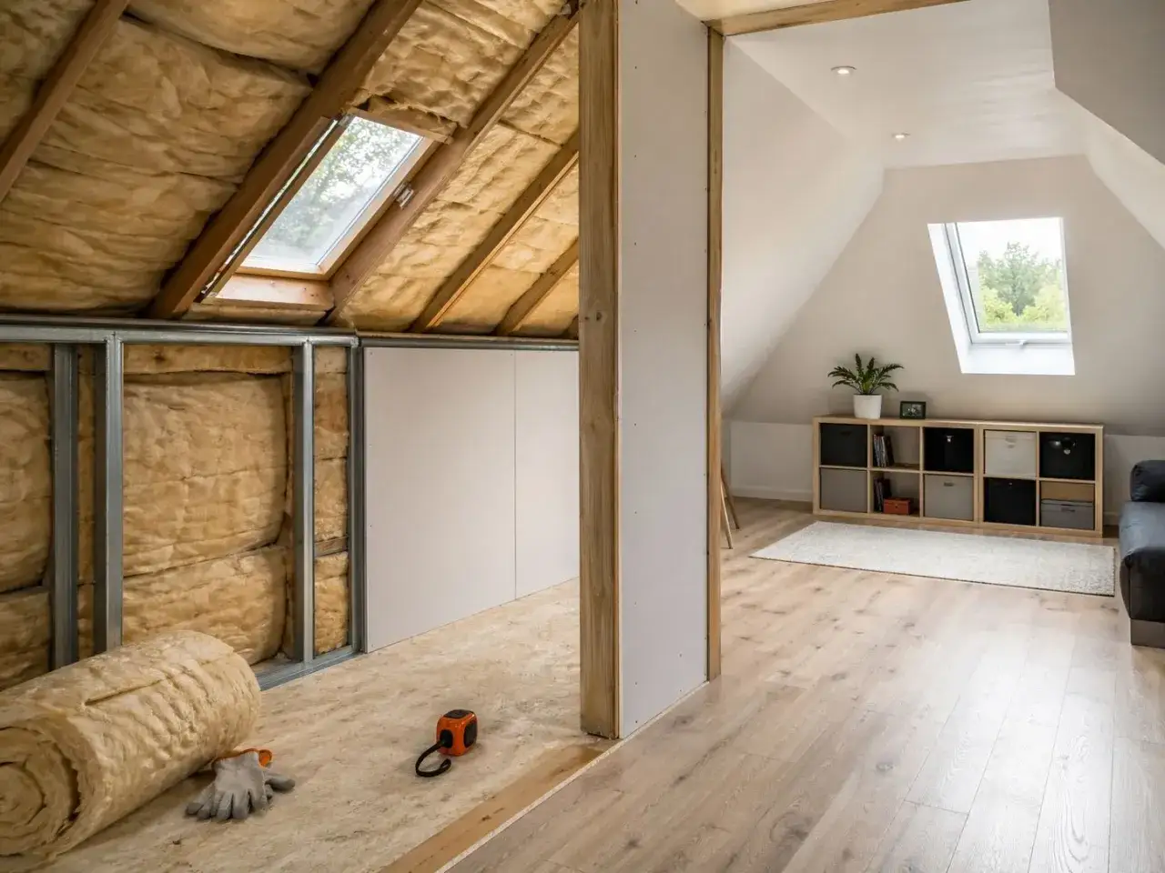 Am&eacute;nagement de combles : isolation en cours, structure m&eacute;tallique, rouleau d'isolant et outils. Une partie est d&eacute;j&agrave; am&eacute;nag&eacute;e avec parquet et &eacute;tag&egrave;res.