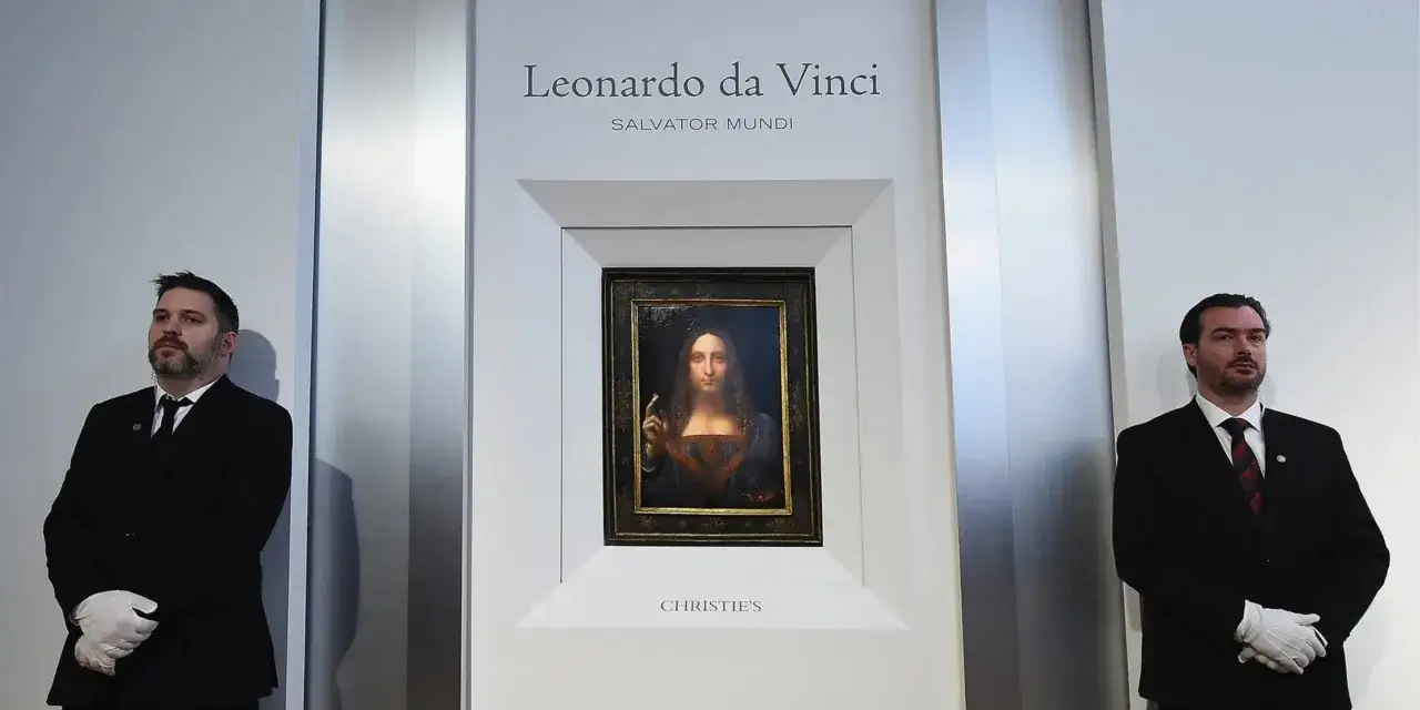 Salvator Mundi, najdroższy obraz świata, autorstwa Leonarda da Vinci, strzeżony przez ochroniarzy.