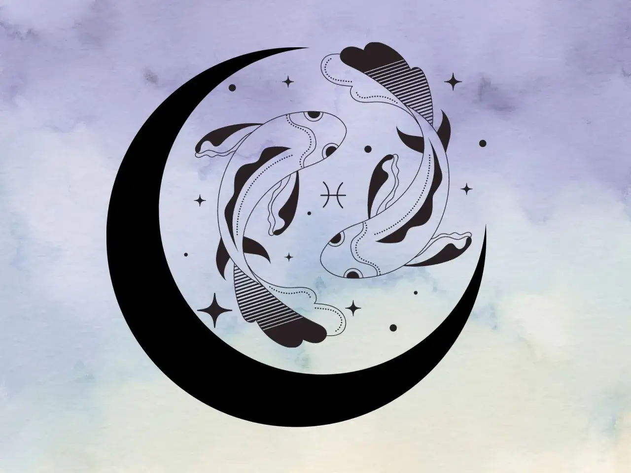 Dwa ryby w tańcu otoczone przez księżyc i gwiazdy. Symbol zodiaku Ryby.