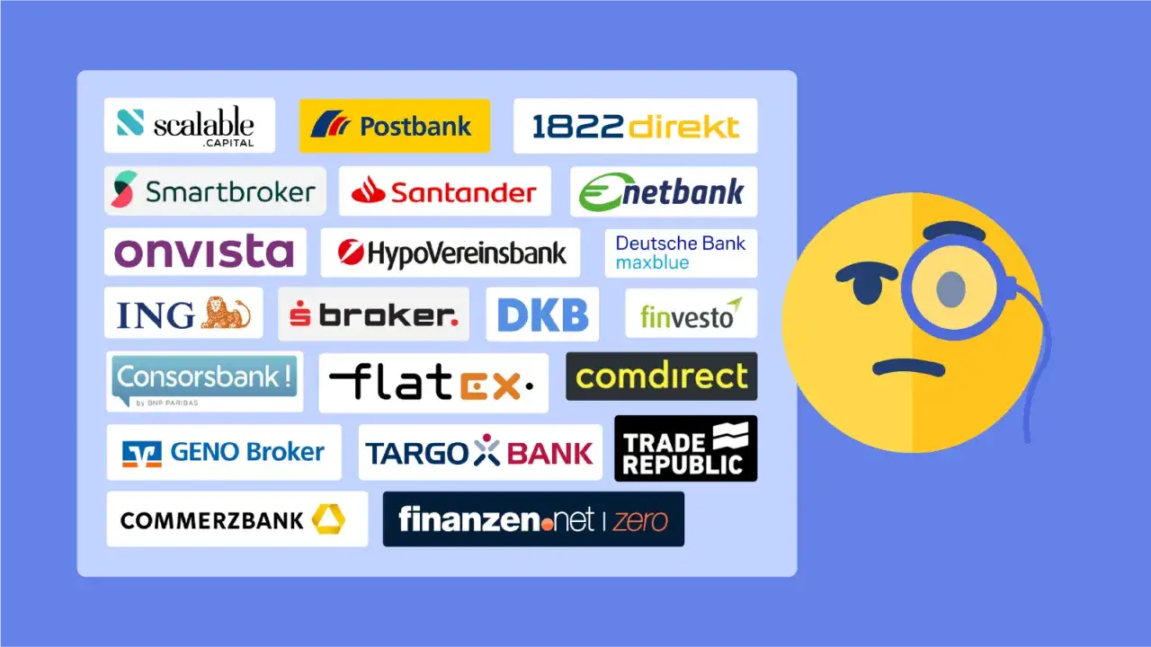 Ein gelbes Emoji mit Monokel blickt nachdenklich auf eine Collage deutscher Bankenlogos, als ob es einen Madame Moneypenny Denkfehler bei der Auswahl hätte.