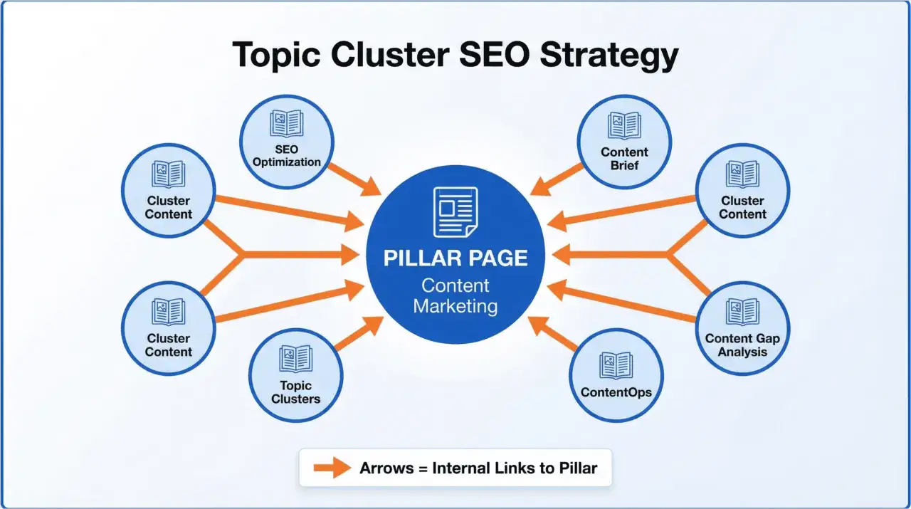 Schema einer Topic Cluster SEO Strategie mit einer zentralen **pillar page** f&uuml;r Content Marketing, umgeben von Cluster Content, SEO-Optimierung und ContentOps.
