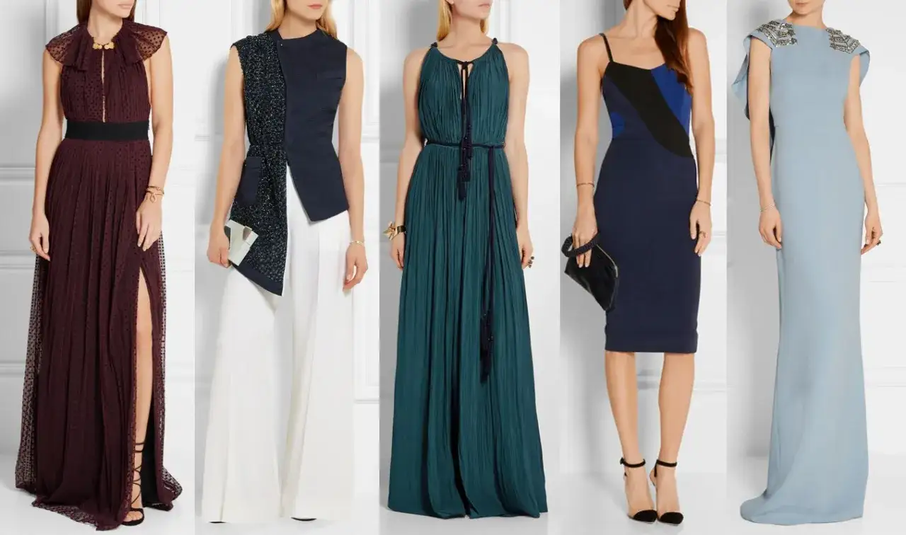 Cinque abiti eleganti per un matrimonio serale: dal bordeaux con spacco al blu notte, idee su come vestirsi.