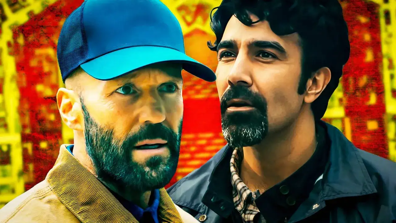 Jason Statham och Iko Uwais i The Beekeeper. Två män med intensiv blick mot en färgstark bakgrund.