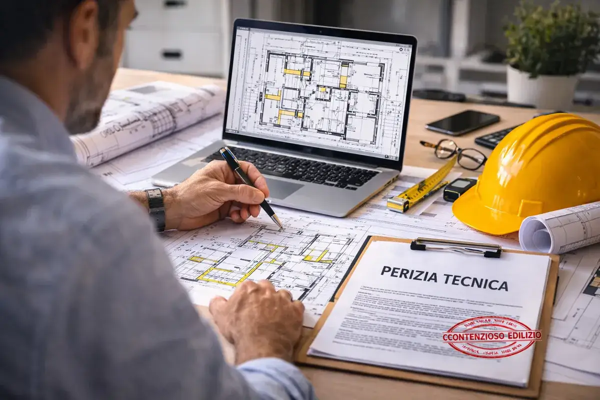 Architetto analizza progetto su laptop e disegni, con casco giallo e documento 