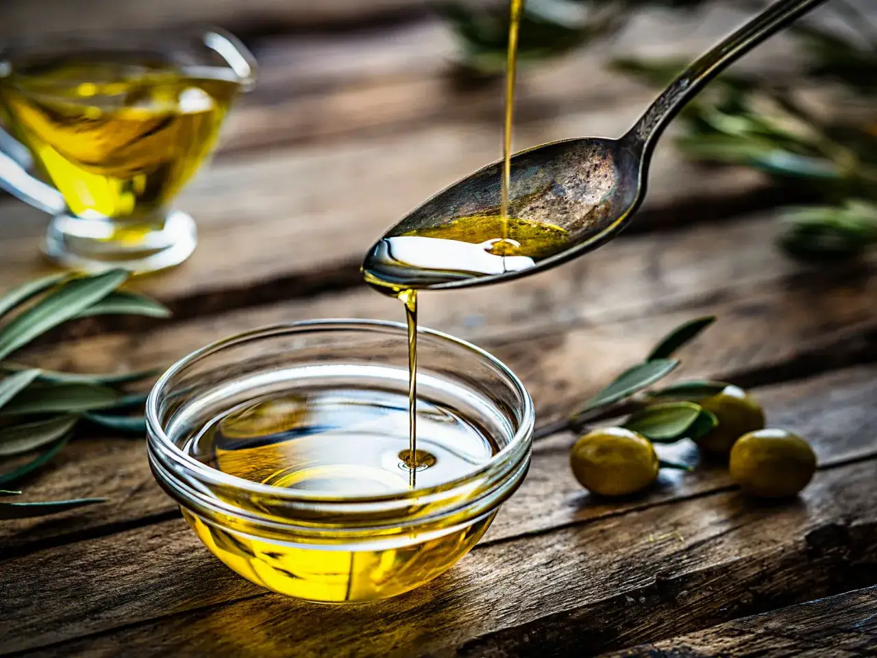 Olio d'oliva versato da un cucchiaio in una ciotola di vetro. Diversi tipi di olio, olive e ramoscelli d'ulivo su un tavolo di legno.