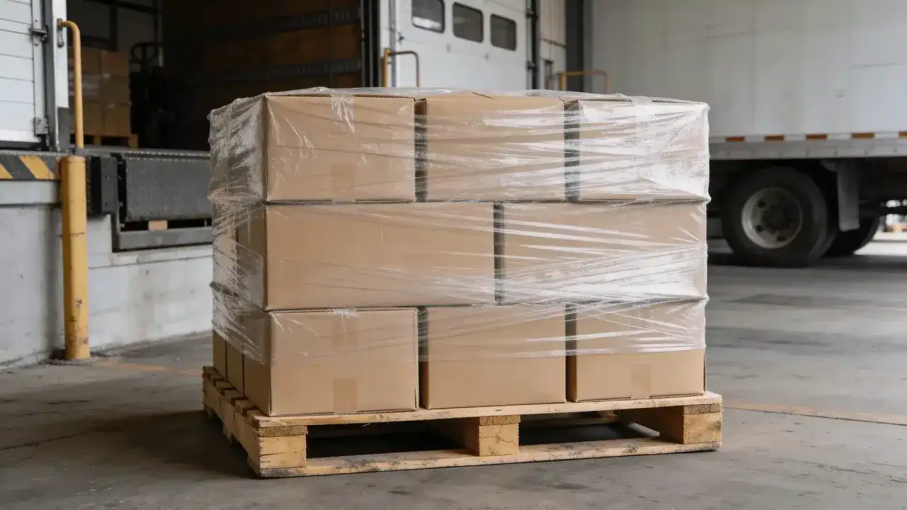 Ein Paletten-Colli, verpackt in Folie, wartet auf den Transport. Was ist ein Colli? Eine Ladeeinheit, oft Kartons auf einer Palette.