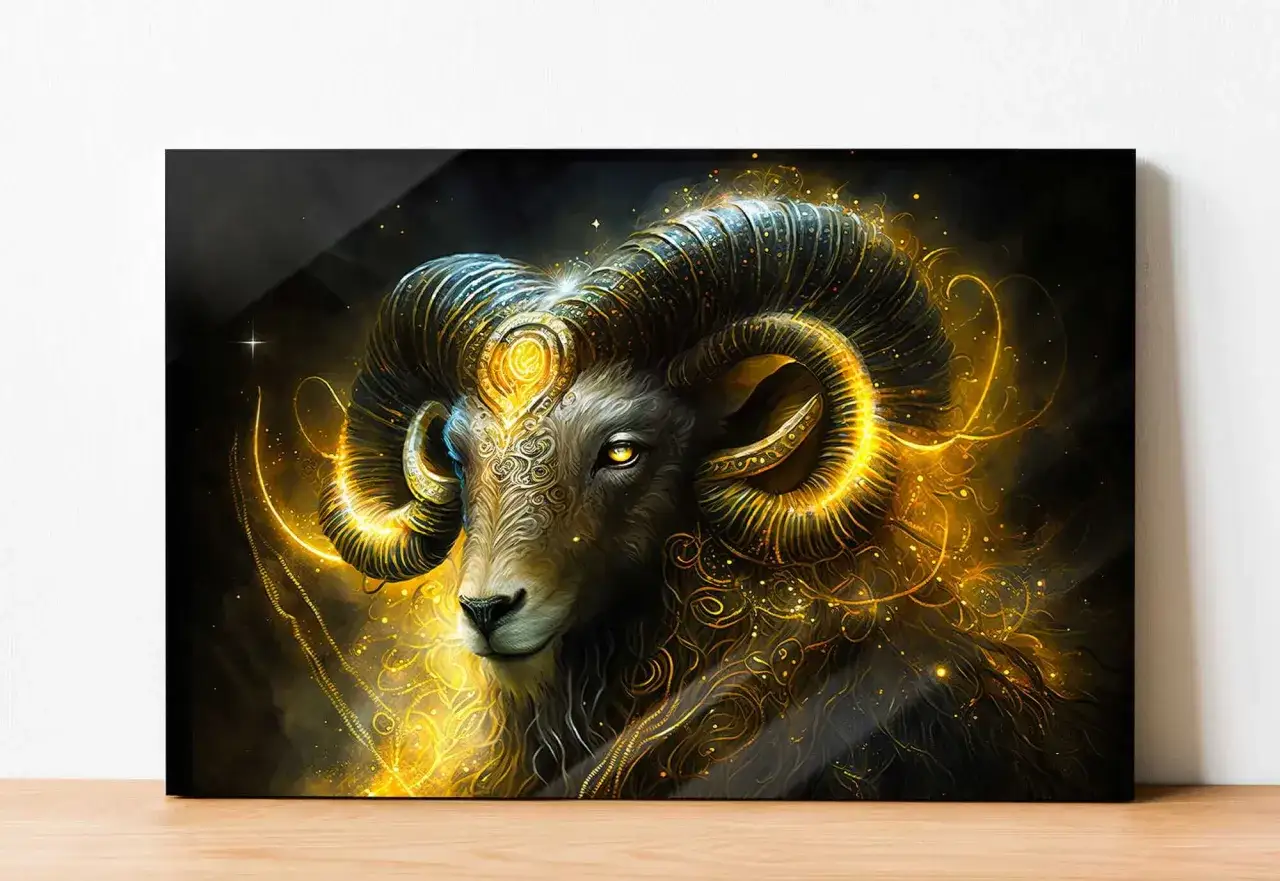 Majestatyczny baran, symbol znaku zodiaku Baran, otoczony złotym blaskiem i mistycznymi wzorami.