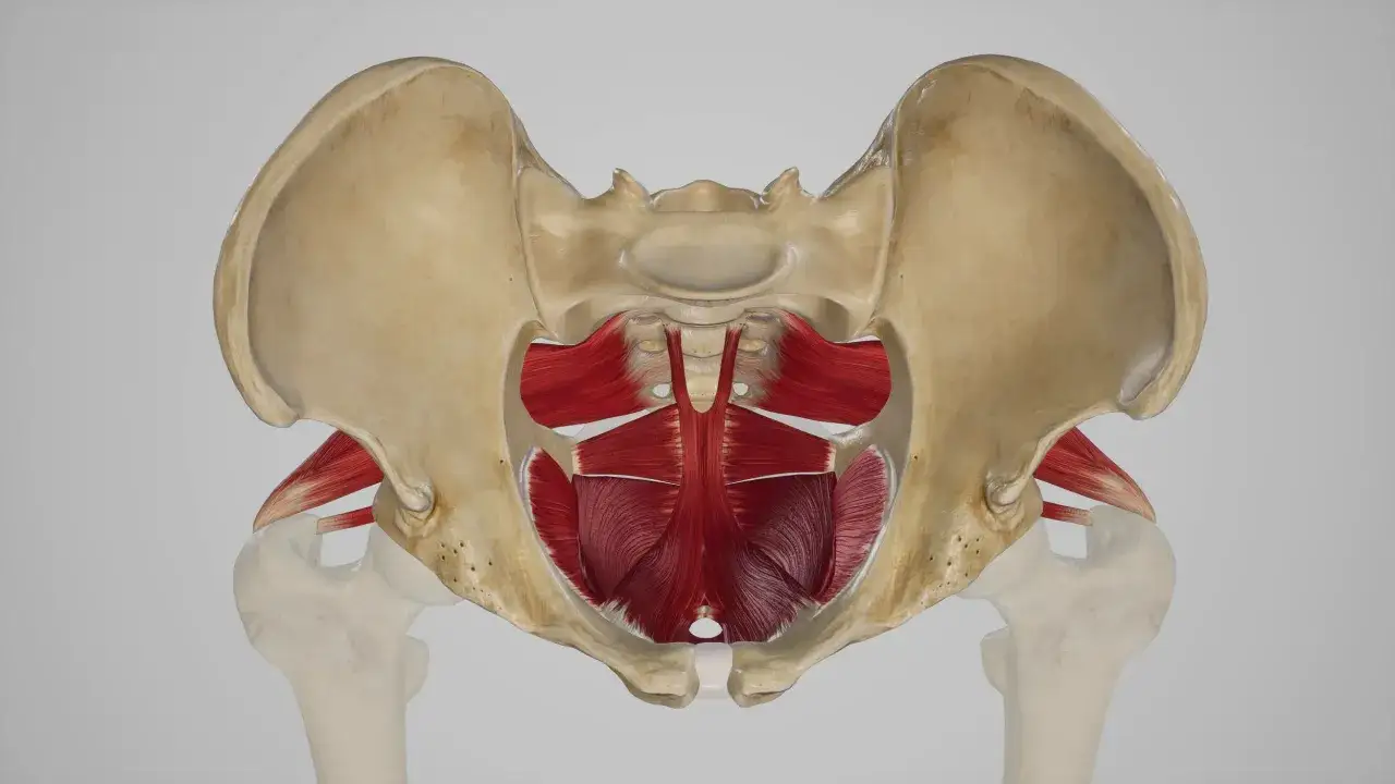 Anatomie du bassin féminin, montrant les muscles du plancher pelvien. Ces muscles peuvent être affectés par la pesanteur périnée après accouchement.