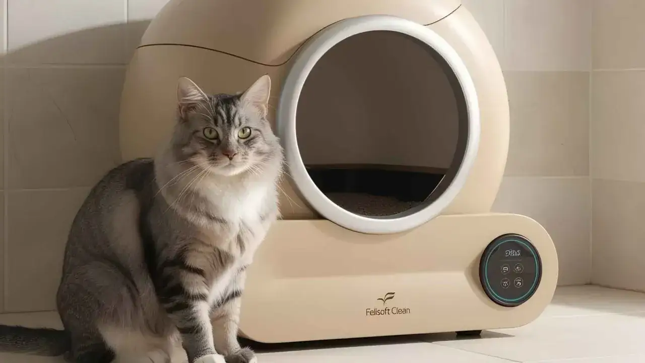 Un gato gris y blanco se sienta junto a una caja de arena autom&aacute;tica. Tener un gato en casa es una maravilla.