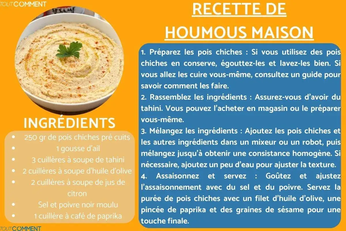 Recette houmous maison : pois chiches, ail, tahini, huile d'olive, citron, sel, poivre et paprika. Un délice crémeux à préparer facilement.