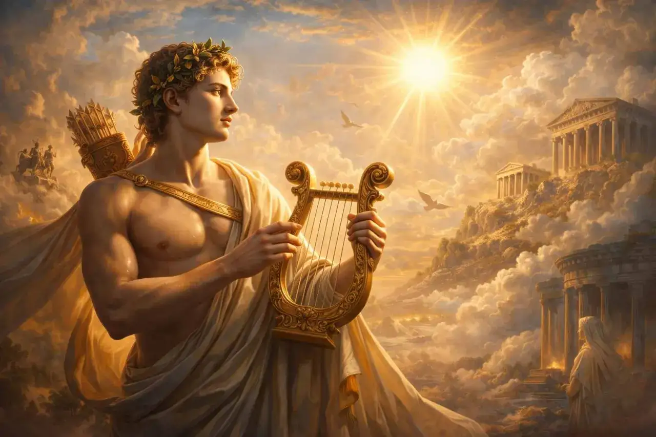 Apollo, bóg słońca i muzyki, w wieńcu laurowym gra na lirze. W tle greckie świątynie i rydwan. Mit o Apollo ożywa.