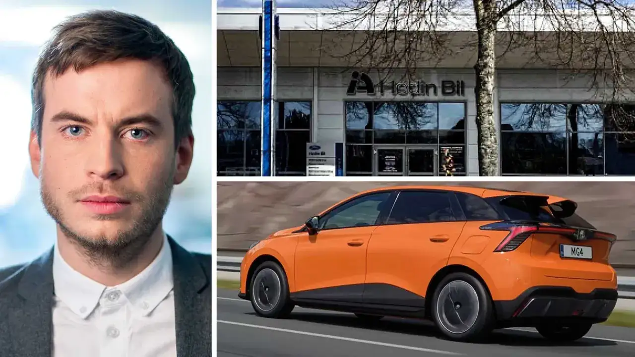 Man framf&ouml;r Hedin Bil-byggnad och en orange MG4. Kanske dags att avbryta leasingavtal hos Hedin Bil?