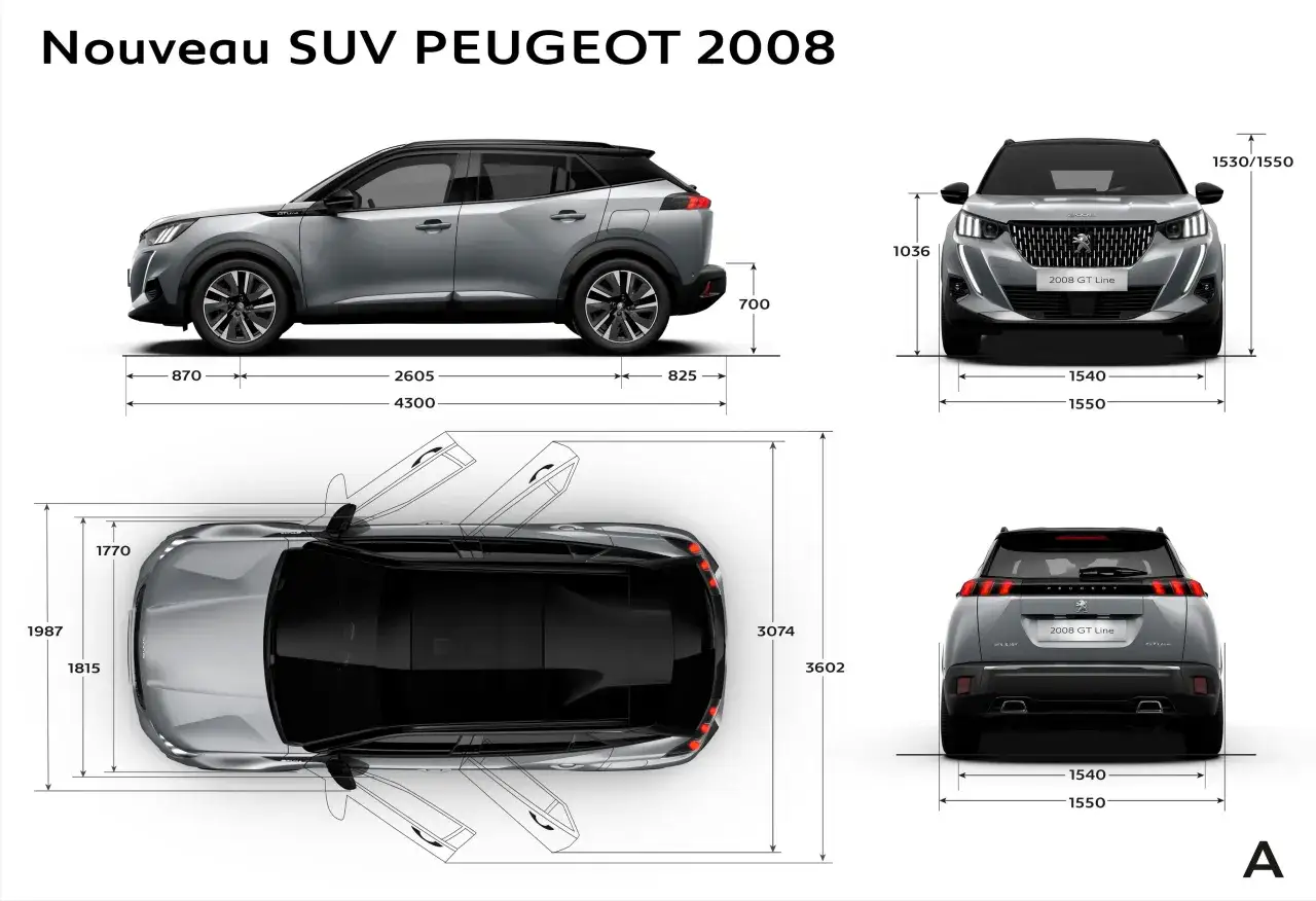 Peugeot 2008 wymiary: długość 4300 mm, szerokość 1815 mm, wysokość 1550 mm. Widok z boku, przodu, tyłu i z góry.