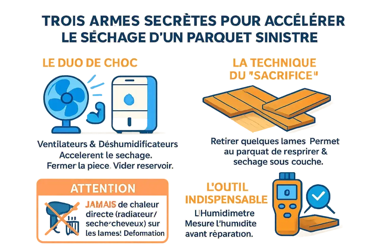 Acc&eacute;l&eacute;rer le temps de s&eacute;chage parquet stratifi&eacute; apr&egrave;s d&eacute;g&acirc;t des eaux : ventilateurs, d&eacute;shumidificateurs, retirer lames, mesurer humidit&eacute;. Attention chaleur directe.