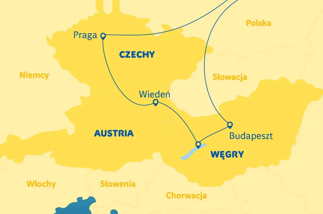 Mapa Europy Środkowej z zaznaczoną trasą wycieczki Praga-Wiedeń-Budapeszt. Idealna na wycieczkę 3 dni!