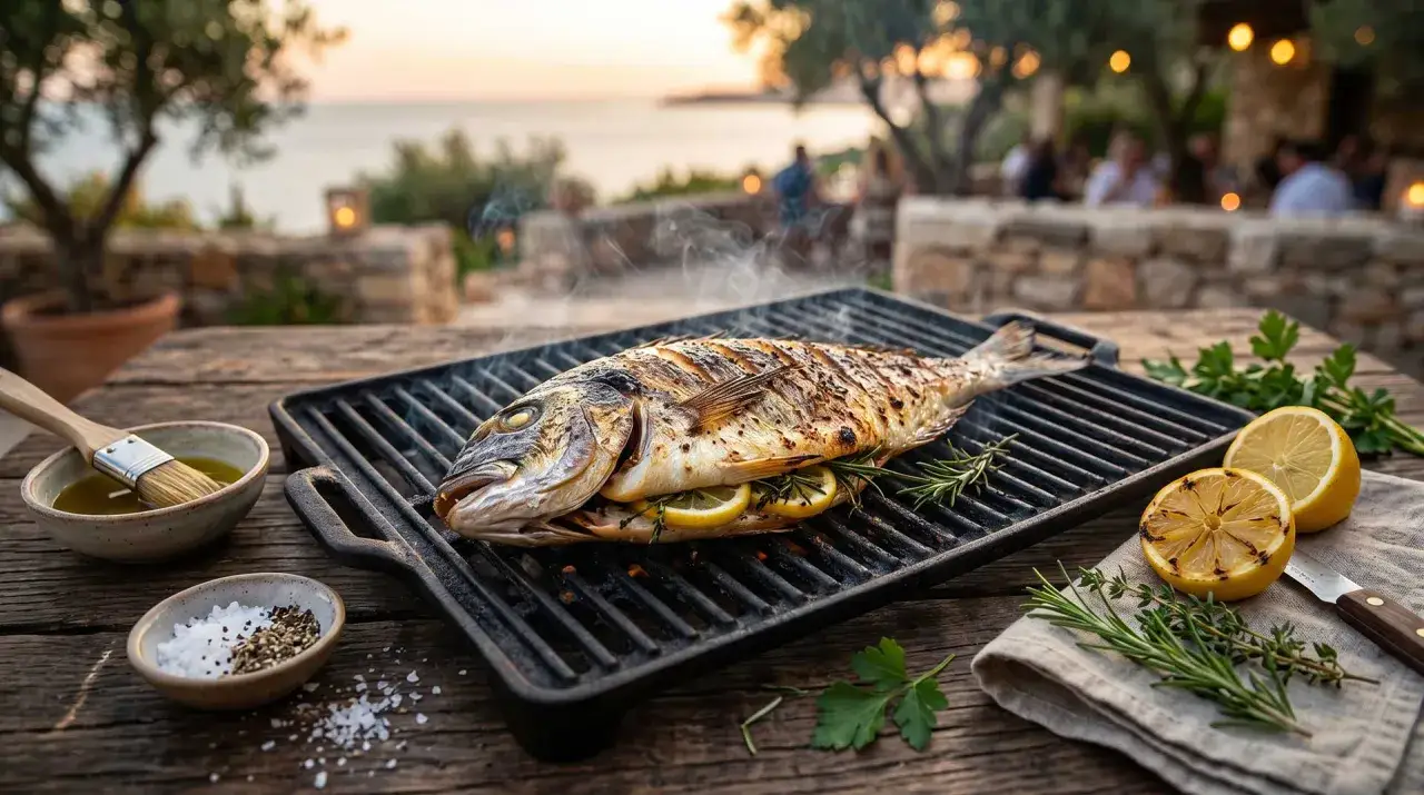 Eine goldbraune Dorade in der Pfanne, gefüllt mit Zitrone und Rosmarin, dampft auf dem Grill. Daneben liegen Zitronenspalten und Kräuter.